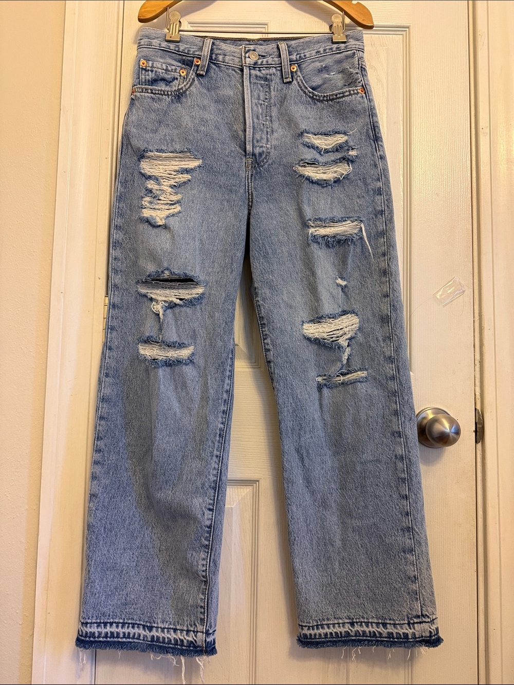 Levi's Ribcage Straight-Ankle Button-Fly Distressed Jeans #348